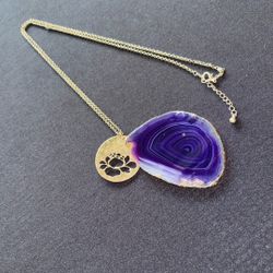 Purple Agate Slice Necklace – Gold Edge Natural Stone Pendant | Boho Minimalist