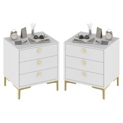 3-Drawer Nightstand Set of 2, Modern Night Stand Bedside Table with Storage, Versatile End Side Table with Metal Legs for Bedroom, Living Room, White 