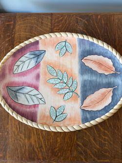 Bella Casa by Ganz Oval Ceramic Serving Platter Leaf Design Rope Border