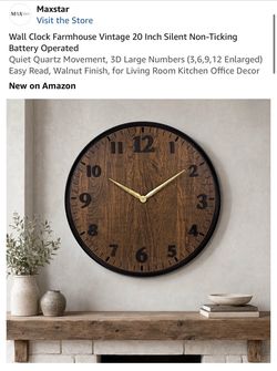 Maxstar 20-inch Vintage Farmhouse Wall Clock - Silent, Non-Ticking, Battery Operated,  Quiet Quartz Movement, Large 3D Numbers (3,6,9,12 Enlarged), Ea