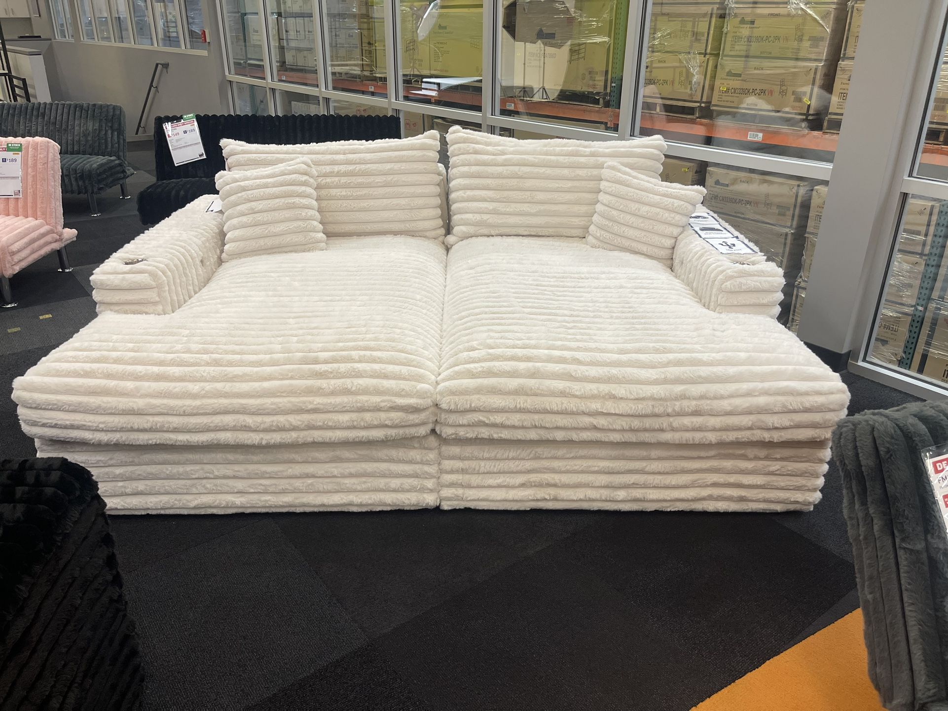 Double Chaise Sofa - White Soft Fir Like Corduroy