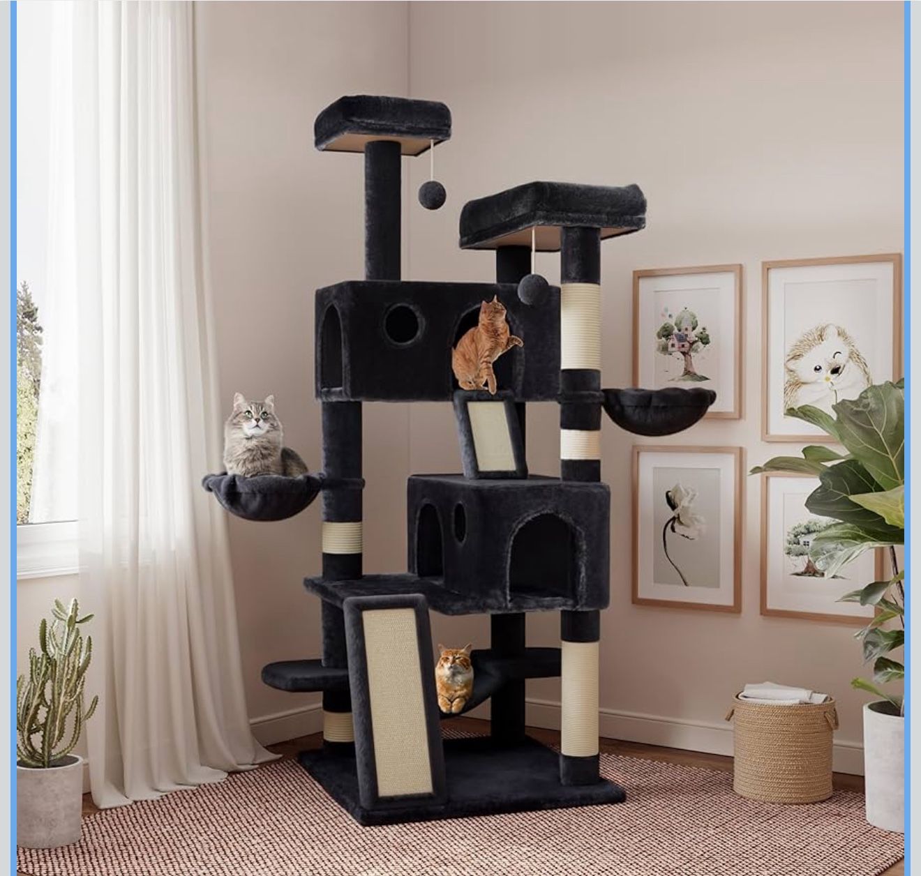 65” Cat Tree Tower Condo – Multi-Level Cat Furniture w/ Hammock, Scratching Posts, and Perches