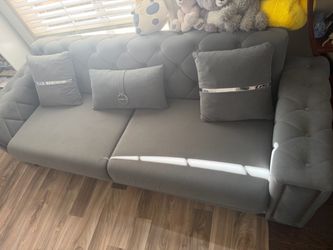 Gray Velvet Tufted Sofa with Throw Pillows