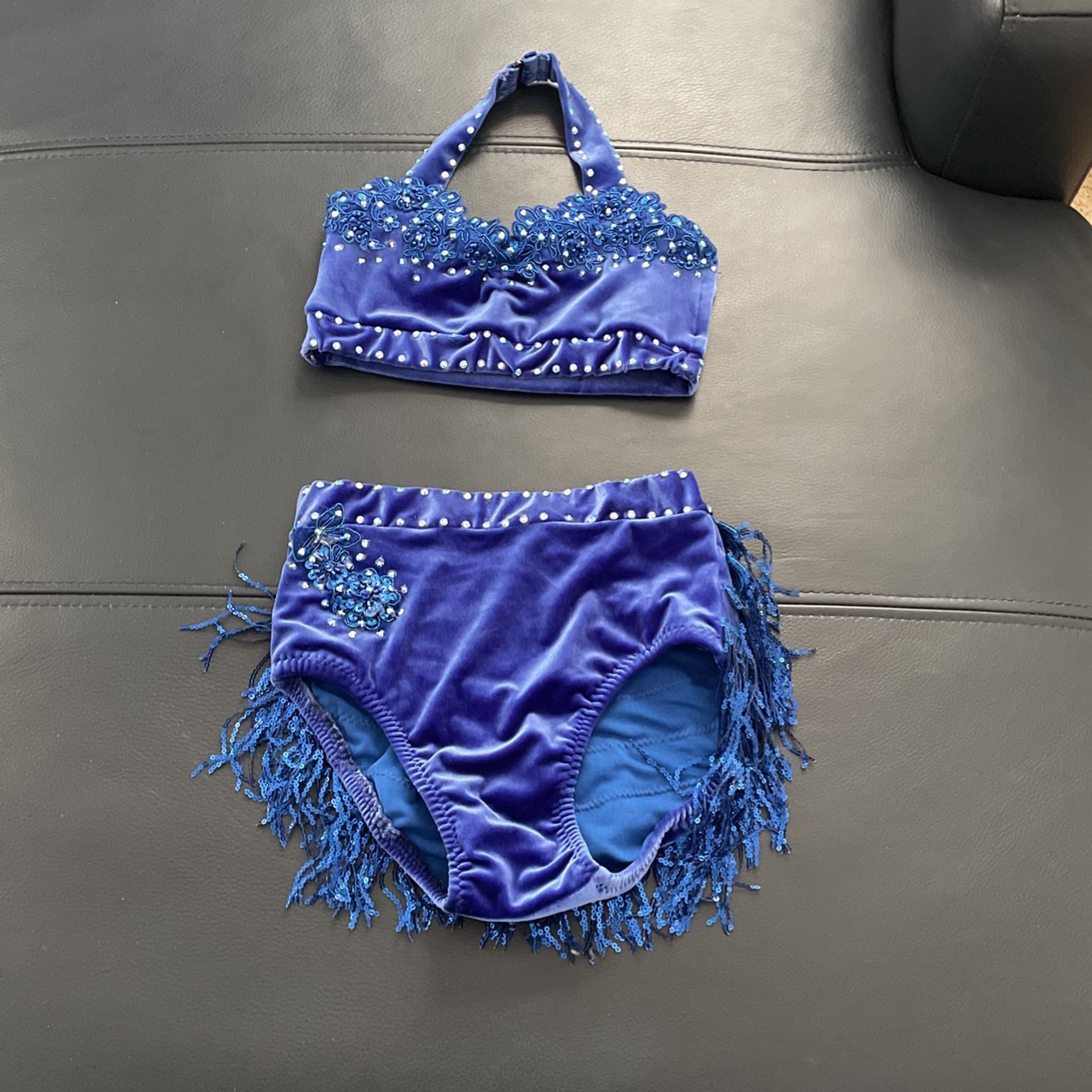 Velour Blue Two Piece Jazz Costume With Rhinestones