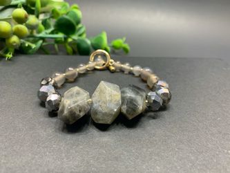 Irregular Natural Stone Open Bracelet Round Glass Beads Clasp Bracelet, Brown