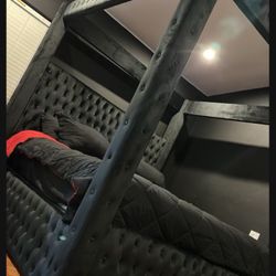 Black Canopy Bed Frame Button Tufted 87”H Brand New In Box Firm Price  Queen $599Eastern King $640 Box spring or foundation needed 