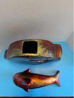 Large 2-Piece Handmade Vidi Glass Dolphin Ceramic Vase and Figurine Set