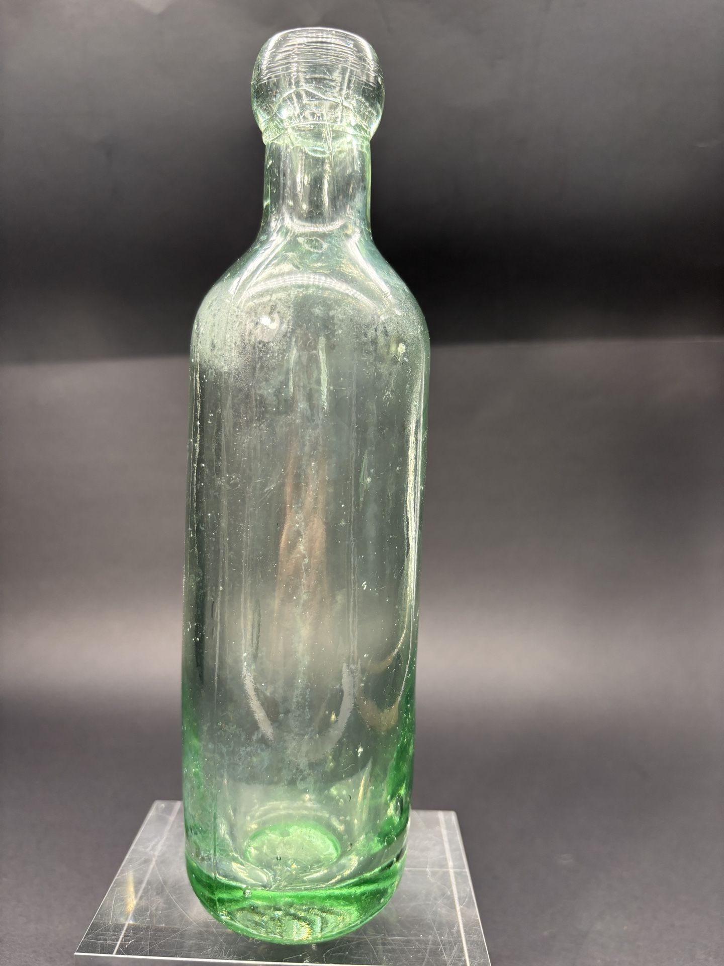 Antique Blob Top Mold Blown Green Tint, Thick glass Monogramed Base