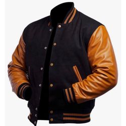 Black & Gold Varsity Jacket Faux Leather Sleeves Snap Front XXS