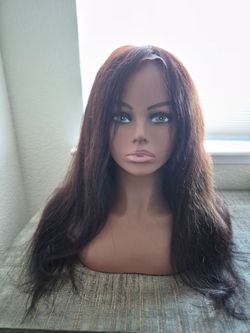 18-20" Long Straight Dark Brown Layered Wig with Brown Highlights- Adjustable Cap