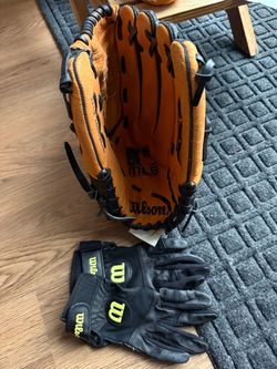 Leather baseball glove with batting gloves