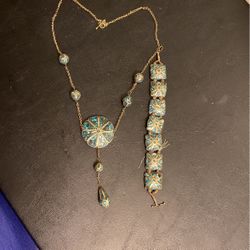 Vintage Blue Inlay Pendant Necklace & Bracelet - Wedding Set