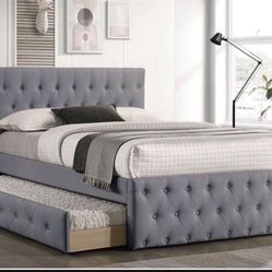 New In Box FULL BED W/TRUNDLE-LIGHT GREY BURLAP And 2 Mattresses.