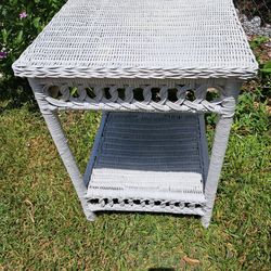 Vintage White Wicker Side Table 