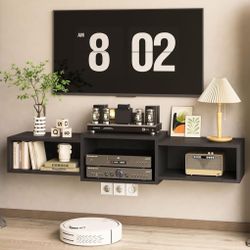 46" Floating TV STAND Wall Mounted with Power Outlet Modern Wood Media Console Shelf Storage Black 