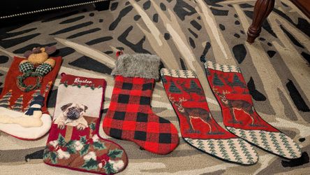 “Vintage High-End Woven Christmas Stockings Lot – Pug Dog, Deer Pair, Moose”