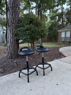 Pair of Black Leather Bar Stools with Backrest & Footrest (Height Adjustable)