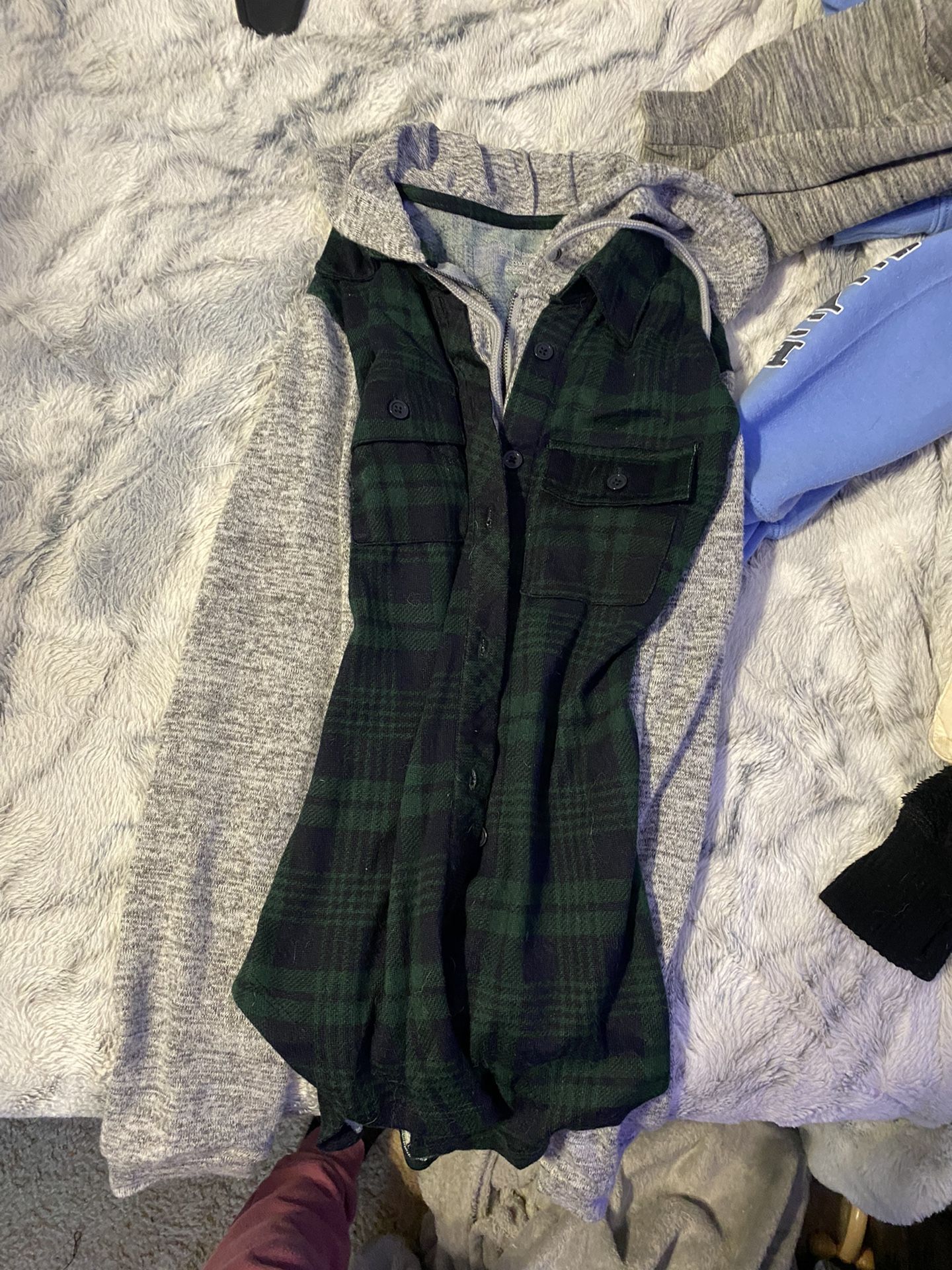 Gray With Black/green Plaid Hooded Button up Shirt 