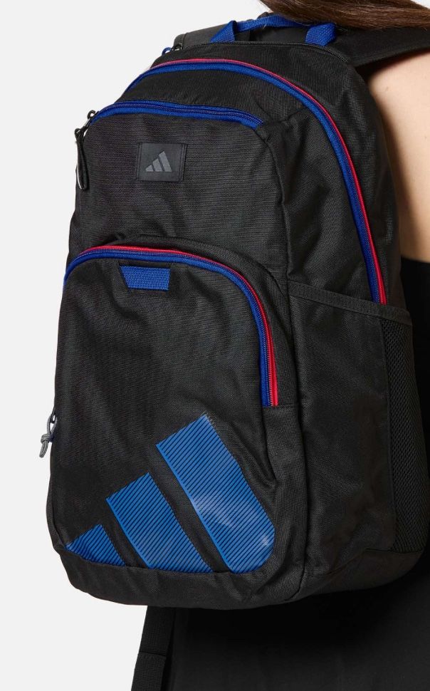 Adidas Midway Backpack in black with blue and red accents