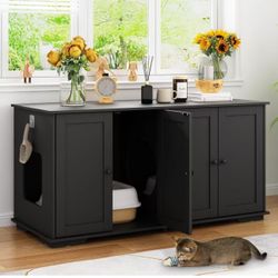 Cat Litter Box Enclosures, 47.2" Double Hidden Litter Box Furniture Cabinet with 4 Doors and Divider, Large Cat Washroom for 2 Cats, Black $120