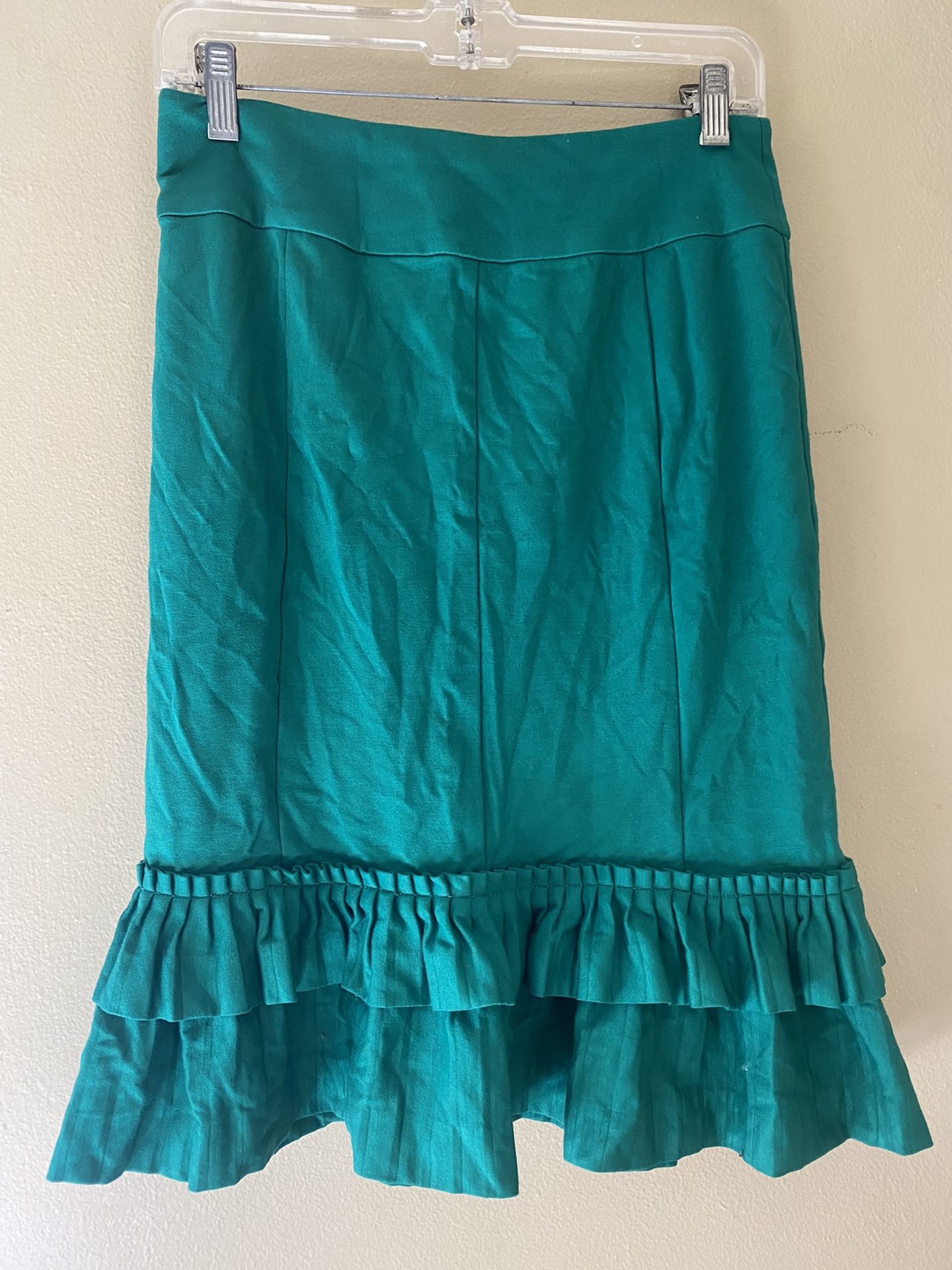 LAPIS Solid Green Knee Length Pencil Skirt Stretch Ruffle Career Work Women's XS