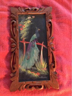 VINTAGE FRAMED MEXICO FEATHERCRAFT PEACOCK PICTURE W/ HISTORY MID-CENT