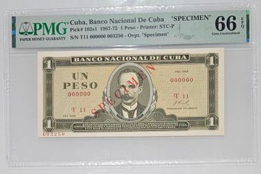 1 peso 1968 specimen cuba pmg 66