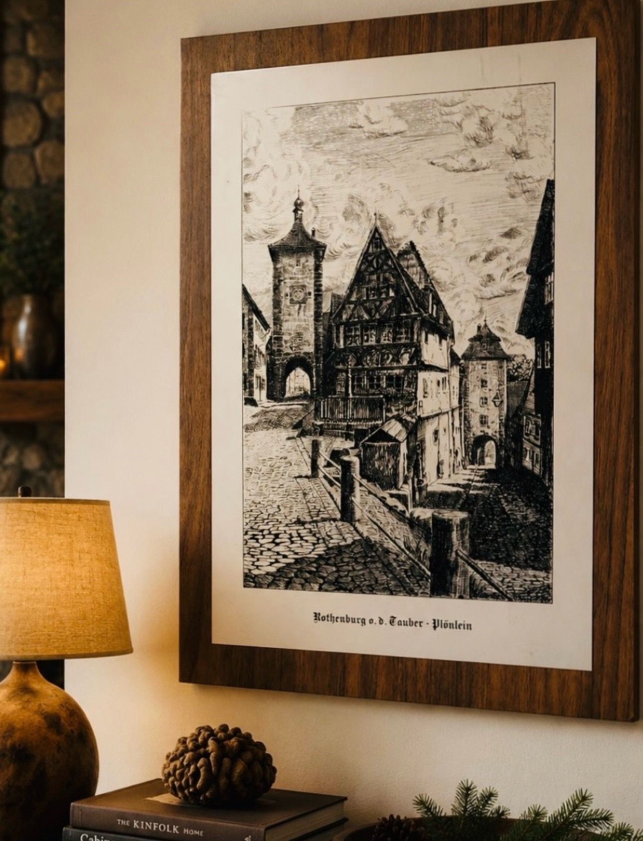 GERMANY Rothenburg ob der Tauber Original Vintage Fine Art Print ETCHING PLAQUE Bavaria GERMAN Antique Metal Sheet on Veneered Wood MCM Mid Century Mo