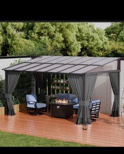 10' x 14' Gazebo, Hard Top Lean to Gazebo Wall Mount Heavy Hardtop Gazebo Outdoor Pergola with Curtains and Netting for Patio Garden Lawn Backyard Dec