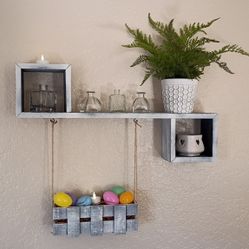 Custom Handmade - Rustic Dual Cube Shelving With Hanging Basket - Home Decor