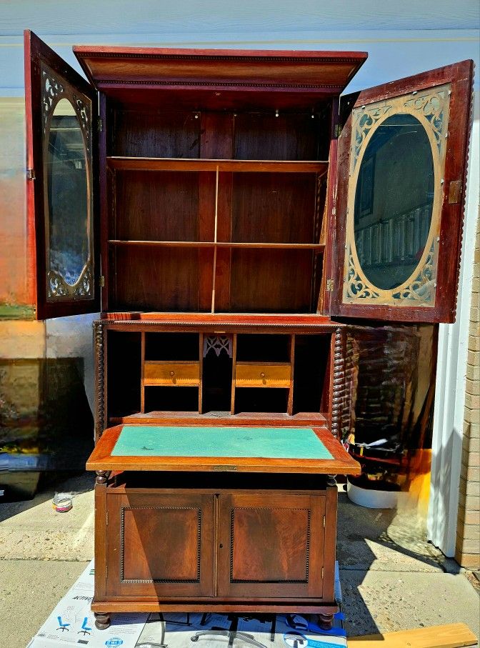 Colonial Style Antique Cherry Wood Secretary Desk Writing Cabinet Circa 1910