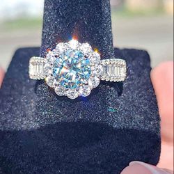 2 Carat Aqua Moissanite 18kt White Gold Plated Sterling Silver Ring.