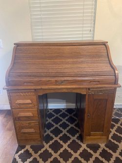 Roll-Top Desk - 1910s to 1920s Solid Oak Antique Two-Pedestal Desk