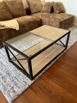 Modern Industrial Coffee Table with Tempered Glass