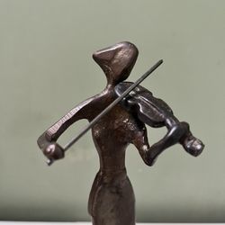 Vintage 1970s Metal Sculpture Girl Playing Stradivari Violin 10.5 Tall