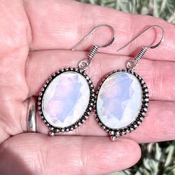 Natural Opalite Sterling Silver 2” Round Crystal Gemstone Earrings