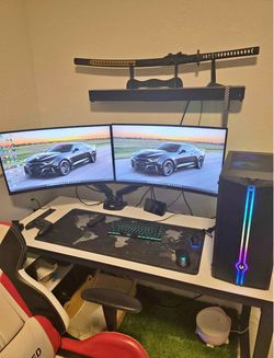 Gaming PC Setup Dual Monitor RGB Tower.