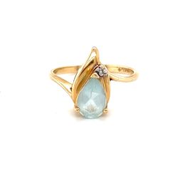 14K Gold Teardrop Shaped Aquamarine/Diamond Ring