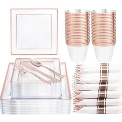 175 PCS Heavy Duty Clear Rose Gold Plastic Plates, Rose Gold Plastic Dinnerware Sets