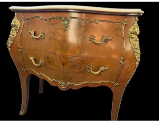 2Louis XV-Style Bombe Marquetry& Marble Top Bombe Chest of Drawers WOriginal Key