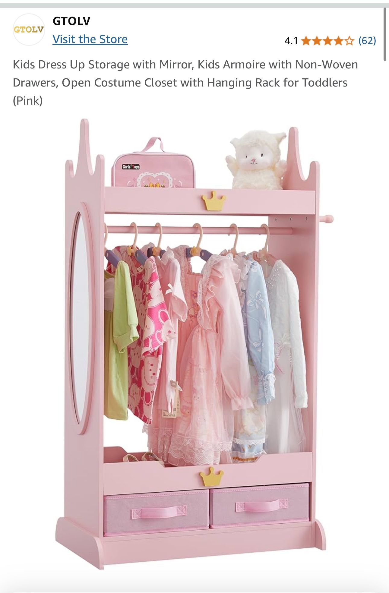 Kids Dress Up Storage with Mirror, Kids Armoire with Non-Woven Drawers, Open Costume Closet with Hanging Rack for Toddlers (Pink)