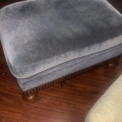 blue-grey chenille/velvet cushion ottoman