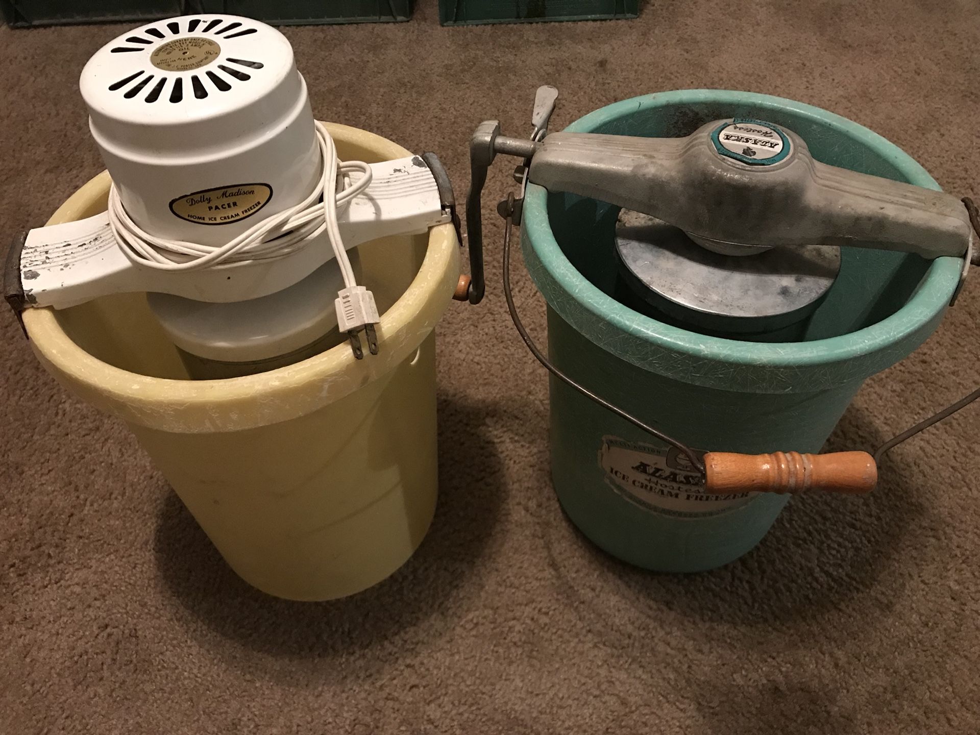 2 vintage ice cream makers. Electric and crank dolly Madison and Alaska