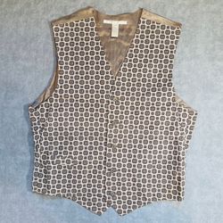 Perry Ellis Vintage Geometric Silk-Feel Vest Medium Brown Tan 100% Rayon Cinch