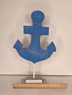 Blue Wooden Anchor Decor Nautical Coastal Figurine Jute Rope Accent 18"