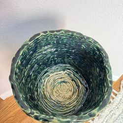 Green, Blue Hand Made Ceramic Vase, Jarrón de cerámica verde, azul