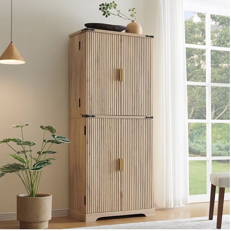Fluted Pantry Cabinet, 72" Tall Modern Storage Cabinet with 4 Doors, Organizer, Drawer and Adjustable Shelves, Wood Cupboard for Kitchen, Dining Room,