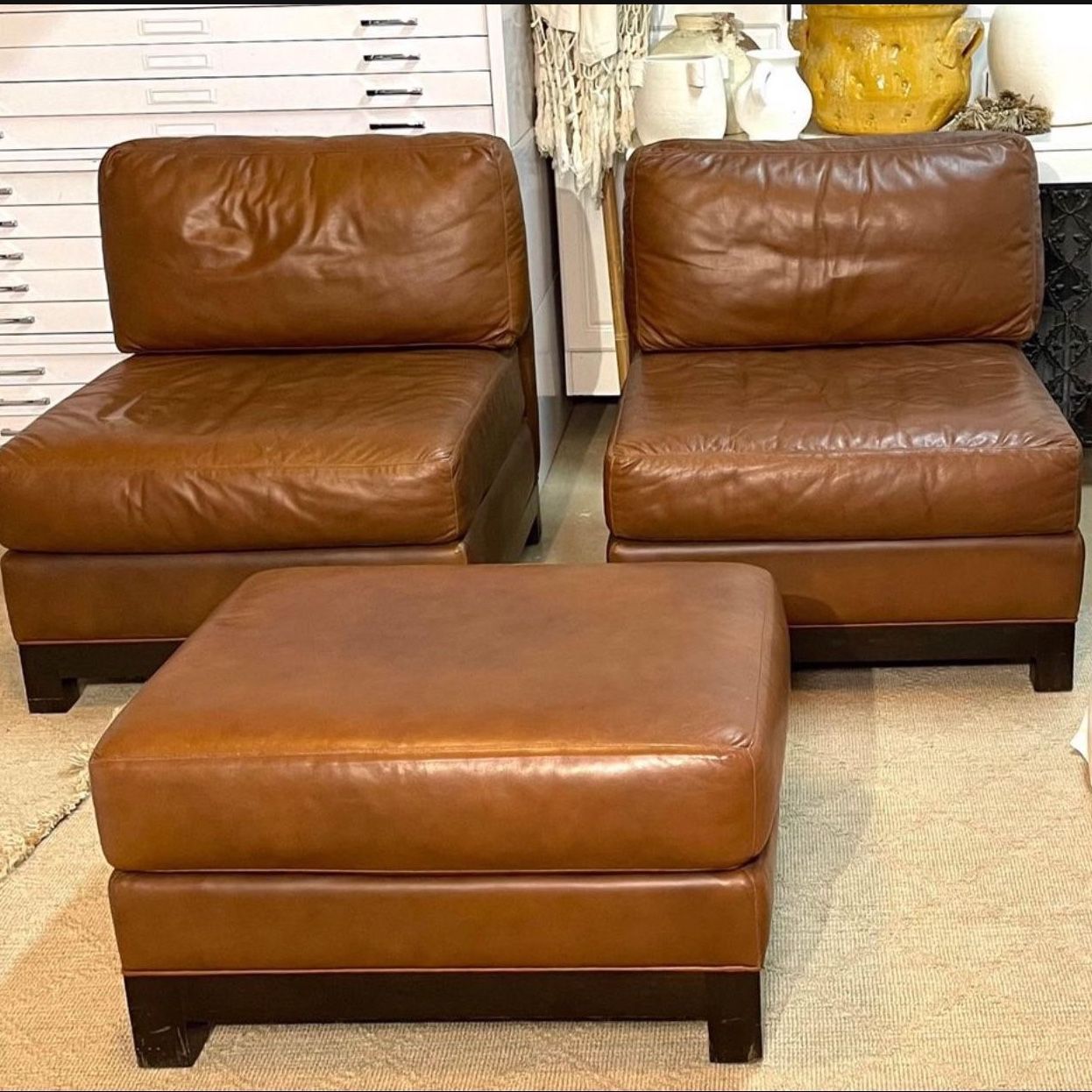 MODERN LEATHER CHAIRS & OTTOMAN- Designer Cisco Brothers LA ( Please See Description) 