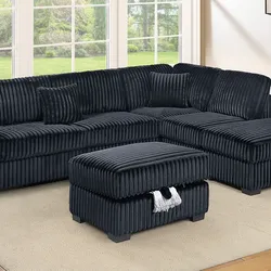 Brand New Black Corduroy Sectional Sofa w Storage Ottoman