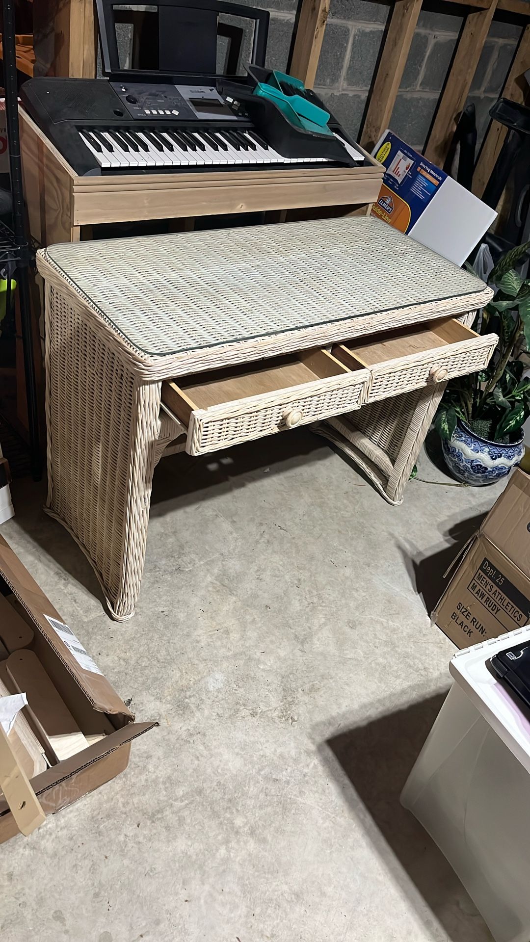 Wicker Desk w/ Glass Top and 2 Drawers